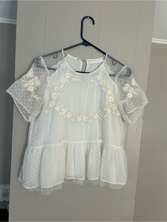 Zara Tops - Zara White Sheer Swiss Dot Peplum Blouse with Floral Appliqué
